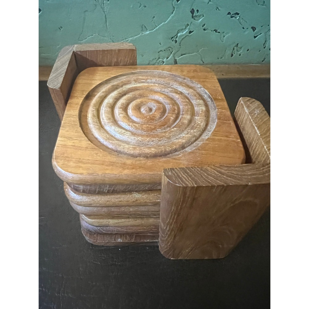 Vintage Teak Wood Coaster (8) w/ Holder Carved Circle MCM Danish Modern Thailand